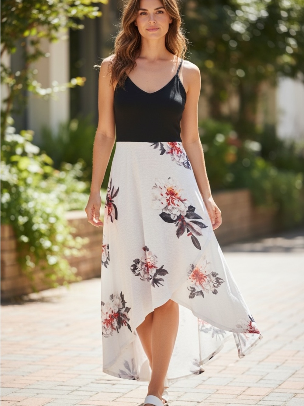 Floral High-Low Maxi Skirt – White Floral